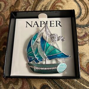 BNWOT Napier Pin in Silver with Sailboat with Blue Sails.  In Original Gift Box